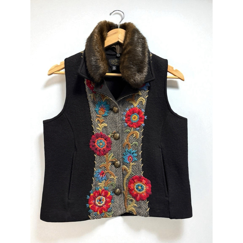 Icelandic Design‎ Wool Embroidered Vest Faux Fur Collar Small